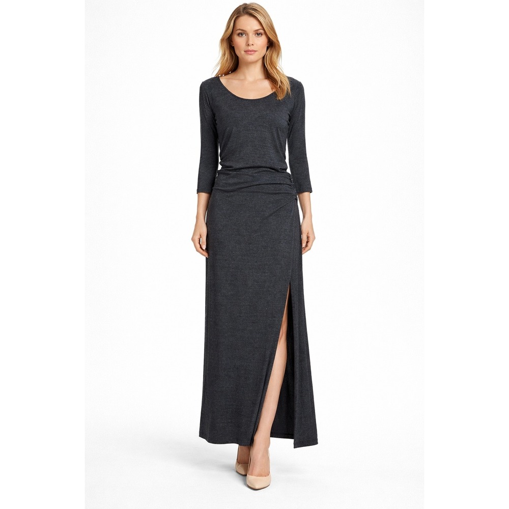 Charcoal Gray Ruched Maxi‎ Dress 3/4 Sleeve Scoop Neck Side Slit Jersey Knit